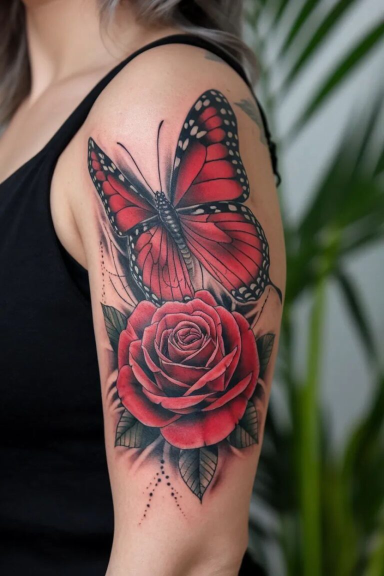rose with butterfly tattoo for women